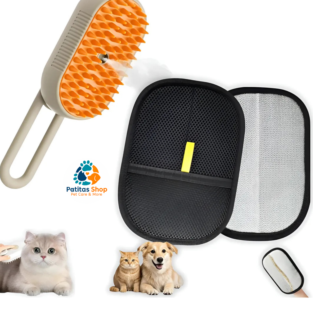 Combo Cepillo A Vapor + Guante Quita Pelos Perros Gatos - Crema
